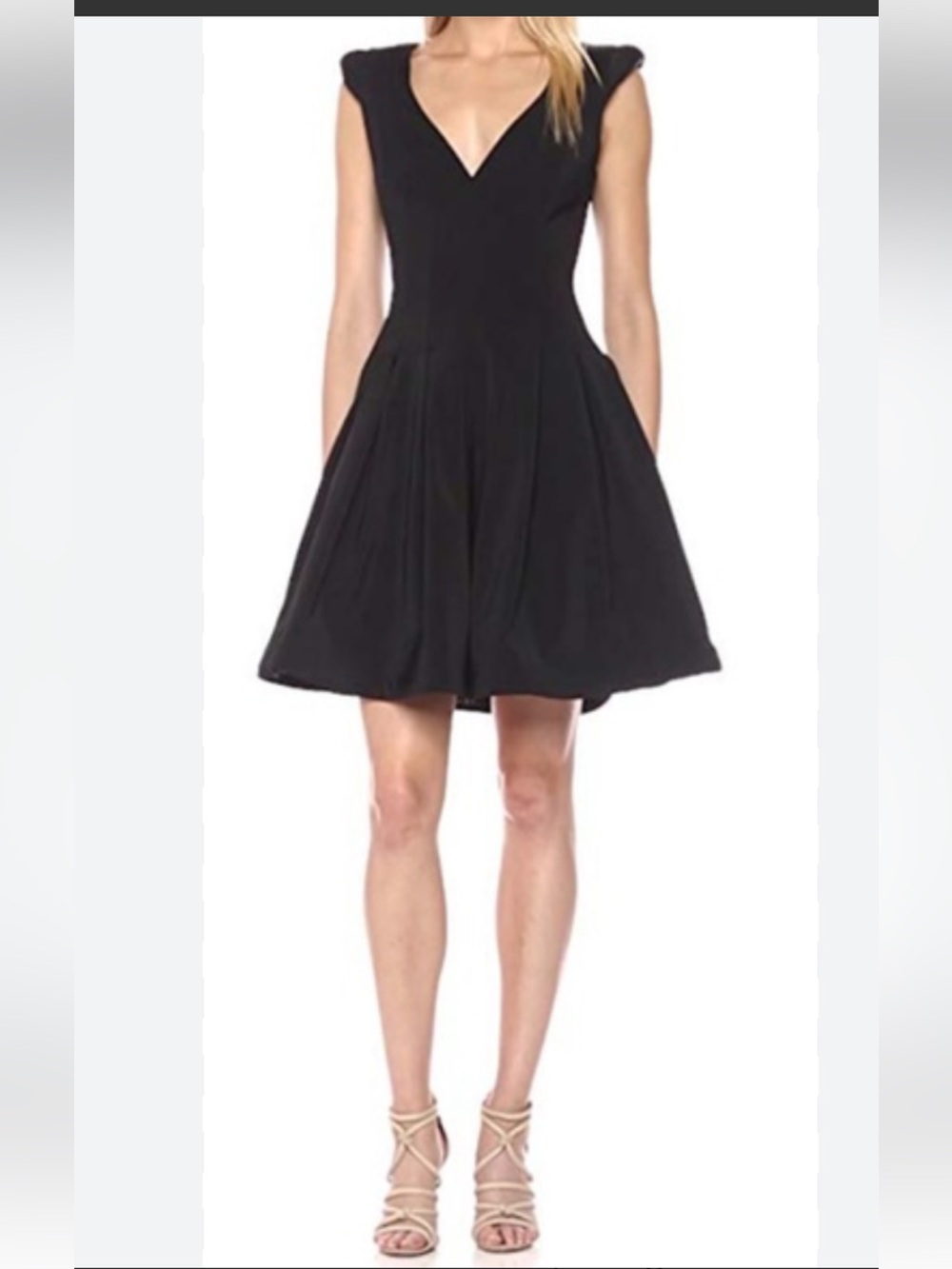 Halston Heritage Black V-Neck Midi Fit-and-Flare Dress